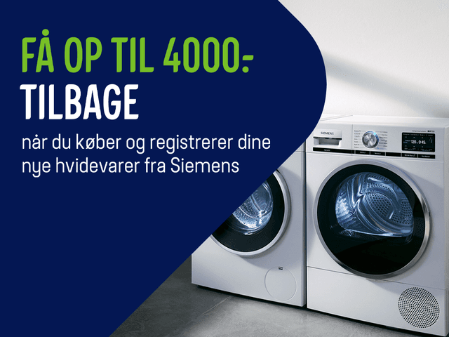 Få op til 4000 kr. tilbage, når du køber og registrerer dine nye hvidevarer fra Siemens