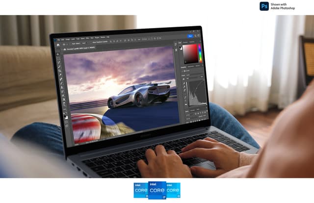 Samsung - Galaxy Book4 - A person using Galaxy Book4 and Intel Core 3 logo