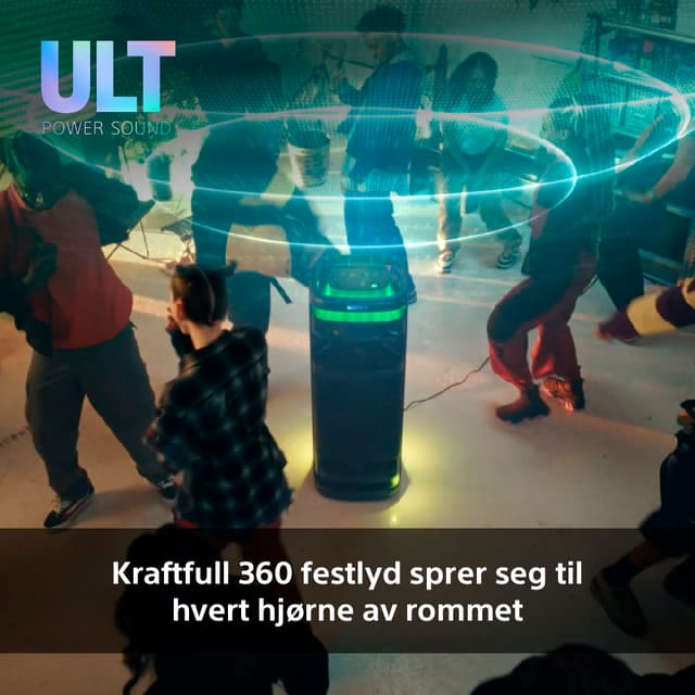 Sony ULT TOWER 10-høyttaler og teksten Kraftfull 360 festlyd sprer seg tol hvert hjørne av rommet