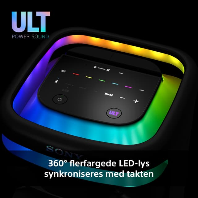 Sony ULT TOWER 10-høyttaler og teksten 360 flerfargede LED-lyd synkroniseres med takten
