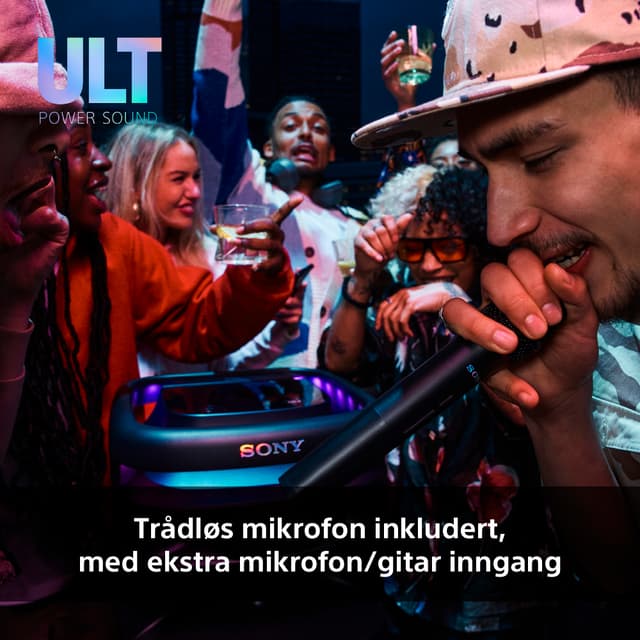 Sony ULT TOWER 10-høyttaler blant musikere og teksten Trådløs mikrofon inkludert med ekstra mikrofon/gitar inngang