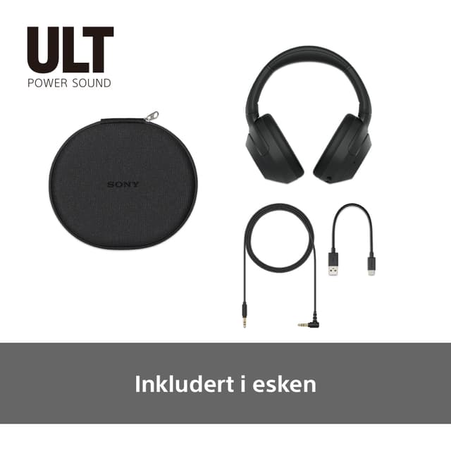 Sony ULT WEAR-hodetelefoner og etui og lednigner som er inkludert i esken