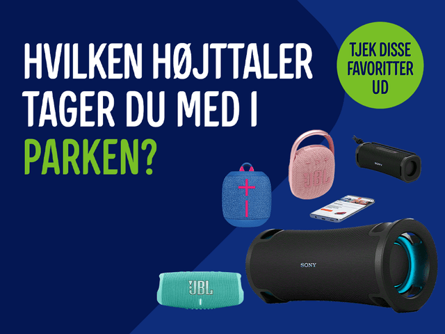 Banner med forskellige højttalere og teksten Hvilken højttaler tager du med i parken