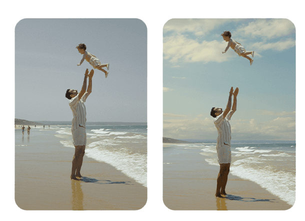 To billeder af en mand, der løfter et barn på en strand - et redigeret og et uredigeret billede