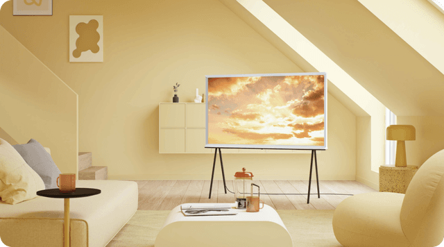 Samsung The Serif lifestyle TV in a beautifully decorated light and bright yellow livingroom