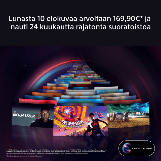 Kokoelma kuvakaappauksia tunnetuista elokuvista, joilla havainnollistetaan Sony-tv:n tarjomat suoratoistomahdollisuudet