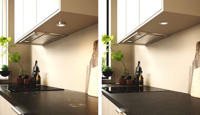 Epoq Trend Greige-kjøkken med mørkegrå laminatbenkeplate og spottlys under kjøkkenskap