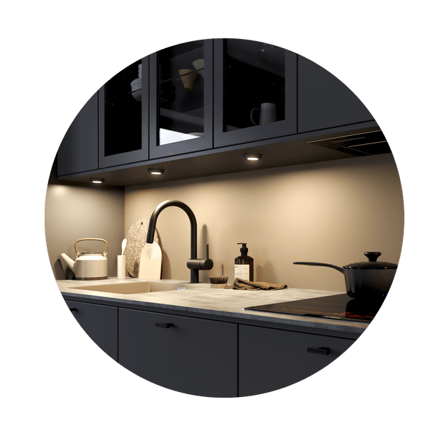 EPOQ - Kitchen - Epoq Trend Graphite kitchen - Lighting - Glass door - Black tap - Grey worktop