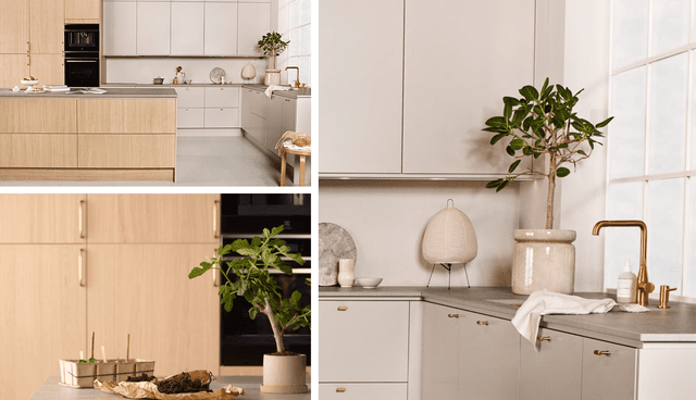 Collage av Epoq Edge Natural Oak, Dark Oak og Trend Greige kjøkken