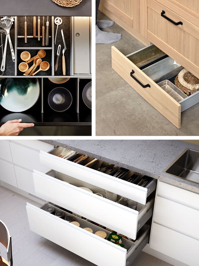 Epoq - Kitchen without upper cabinets - Collage with 3 pictures of drawers