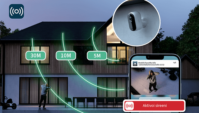 Arlo - Essential Outdoor -valvontakamera - Kovaääninen sireeni