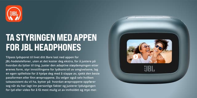 JBL Live Beam 3 og teksten Ta styringen med appen for JBL headphones