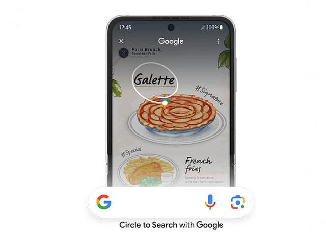 Lähikuva Galaxy Z Flip6 -älypuhelimen päänäytöstä, jossa sana 'Galette' on ympyröity hakua varten