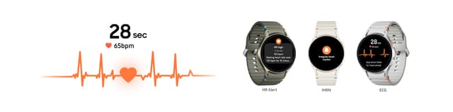 Tre Galaxy Watch7-enheter är vända framåt, var och en med olika hjärtövervakningsfunktioner