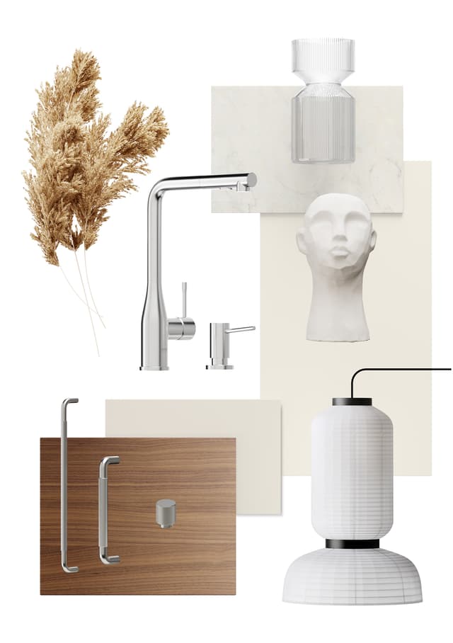 Tørkede blomster, vase, skulptur, kran, benkeplater og lampe