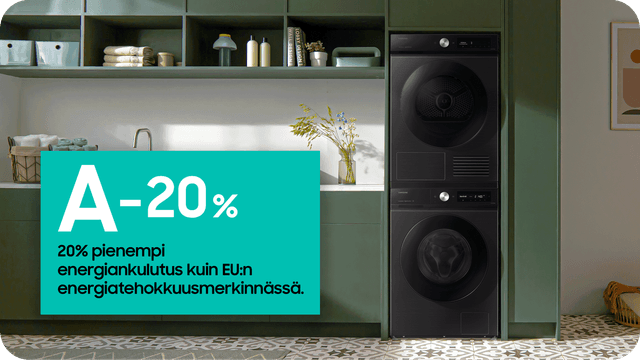 Samsung-pyykinpesukone ja -kuivausrumpu, sekä mainosteksti A-10%, joka kertoo alhaisemmasta energiankulutuksesta