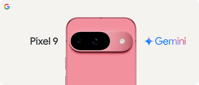 Rosa Google Pixel 9 smarttelefon og text Pixel 9 Gemini