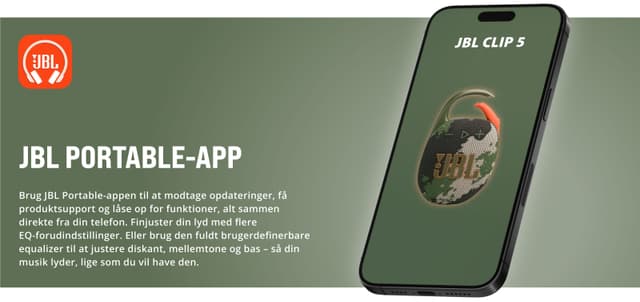 JBL CLIP 5 højttaler og JBL Portable-app på grøn baggrund