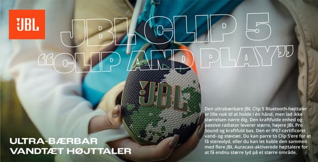 JBL CLIP 5 højttaler og teksten Ultra-bærbar vandtæt højttaler