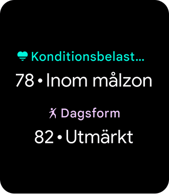 Ett exempel på personlig konditionsbelastning och beredskapspoäng på en Pixel Watch 3