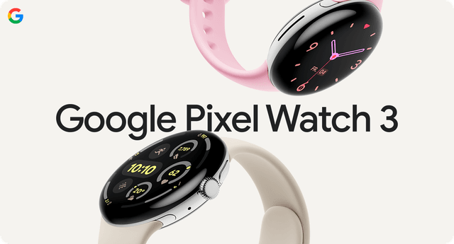 Kaksi Pixel Watch 3 -älykelloa ja Google-logo