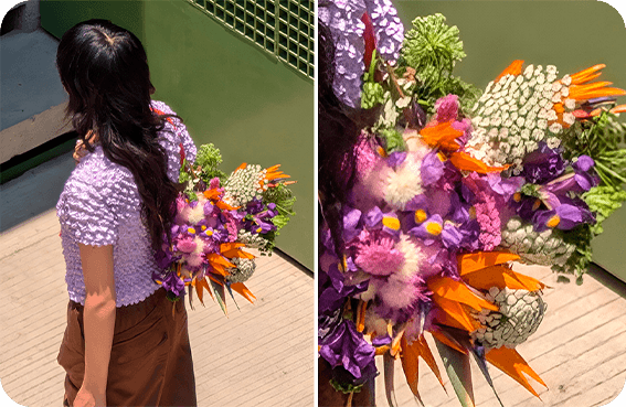 Google - Pixel 9 Pro - Två bilder bredvid varandra med kvinna som bär blommor och en närbild av blommorna