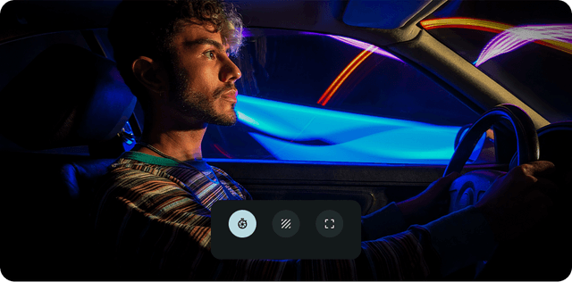 Google Pixel 9 Pro: Mand, der kører bil og ikoner til kamerajusteringer