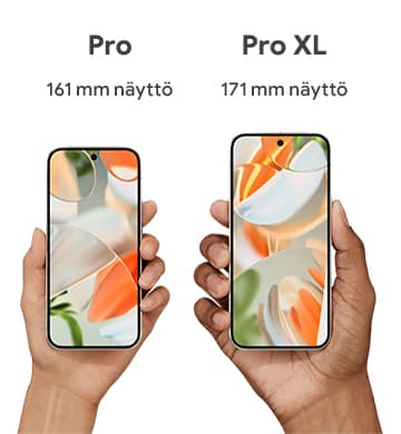 Pixel 9 Pro ja 9 Pro XL -puhelimet vierekkäin sekä tietoa niiden näytön koosta