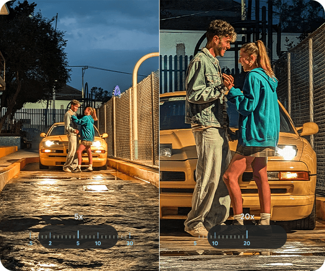Hymyilevä pariskunta seisoo keltaisen auton edessä, kääntyneenä toisiinsa