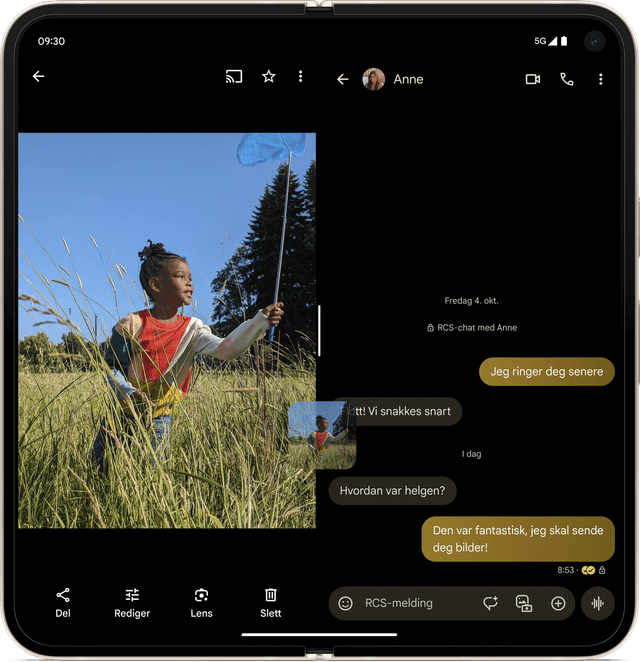 Pixel 9 Pro Fold sisänäytöllä kuva tytöstä kukkakedolla sekä chat-keskustelu