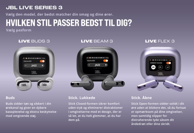 JBL øretelefoner Live Flex 3 banner med teksten Hvilken stil passer til dig