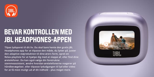JBL Live Flex 3 øretelefoner banner med teksten Bevar kontrollen med JBL Headphones-appen