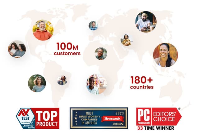 World map and example of customers who trusts McAfee as well as three images of recognition for the products