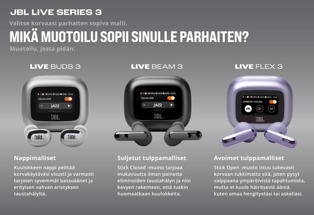 JBL - Nappikuulokkeet - Live Buds 3 - Mitkä kuulokkeet sopivat muotoilultaan sinulle parhaiten?