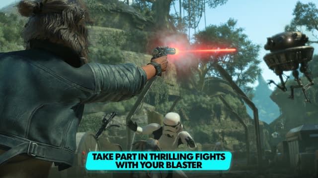 Kuvakaappaus pelistä Star Wars Outlaws, jossa päähahmo Kay taistelee sotureita vastaan