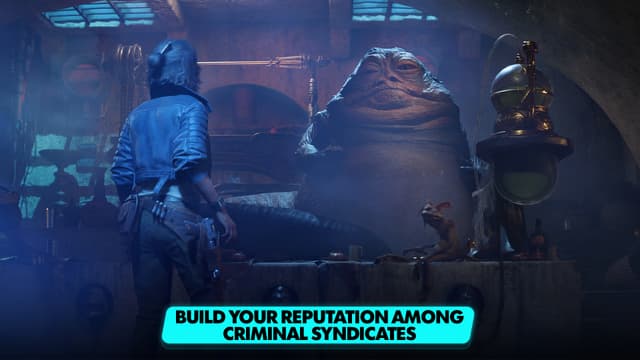 Skjermbilde fra spillet Star Wars Outlaws der Kay møter Jabba the Hutt