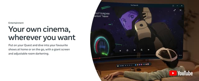 Your own cinema whenever you want -teksti ja mies, joka katselee elokuvaa Meta Quest 3S VR-lasit päässään