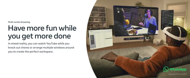Have more fun while you get more done -teksti ja mies, joka työstentelee sovalla Meta Quest 3S VR-lasit päässään