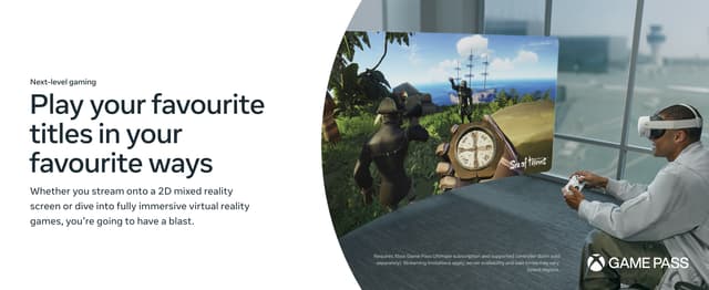 Play your favourite titles in your favourite ways - teksti ja mies joka pelaa VR-peliä Meta Quest 3S -lasit päässään
