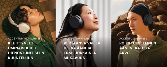 Kolme eri naista kuuntelee musiikkia langattomilla Sennheiser -over-ear -kuulokkeilla