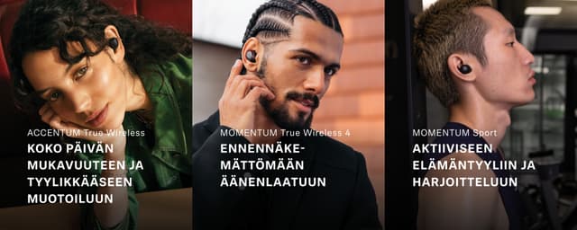 Kolme vierekkäistä kuvaa eri henkilöistä, joilla on Sennheiser-naappikuulokkeet käytössäss In-Ear Headphones - Hero Image - FI
