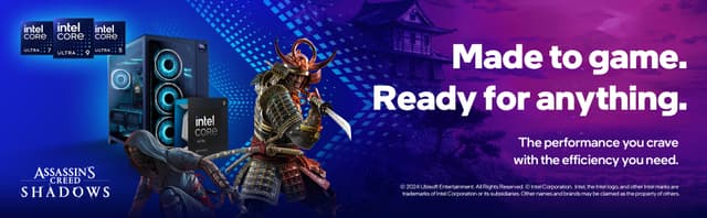 Intel Core Ultra-gamingprocessorer med Assassin's Creed Shadows-karakter og samurai: "Made to game. Ready for anything."