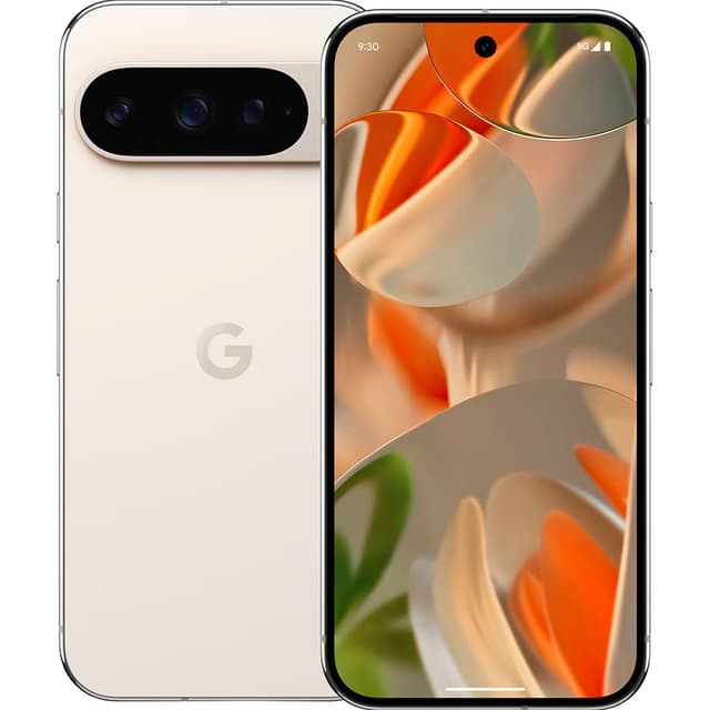 Two Google Pixel 9 Pro phones - one seen from the back and the other from the front