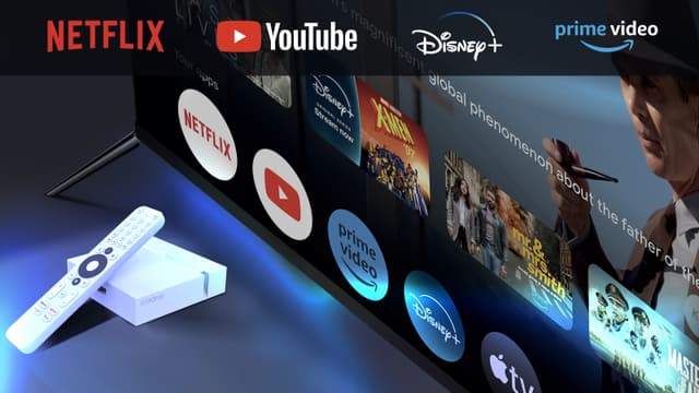 Leap S3+ Google TV, en fjärrkontroll och flera appar som visas på TV-skärmen