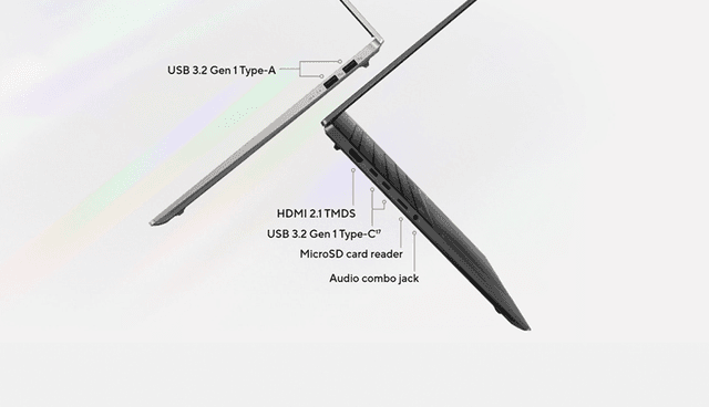 ASUS Vivobook S 14 -kannettava kuvattuna sivusta sekä tekniset tiedot tietokoneesta