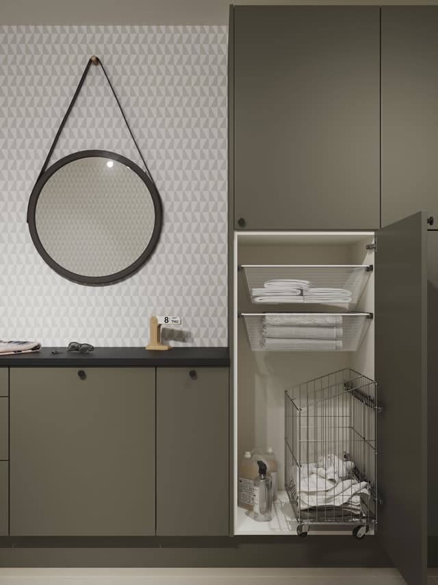 Epoq Trend Sage wardrobe and a round mirror and storage system inside the wardrobe