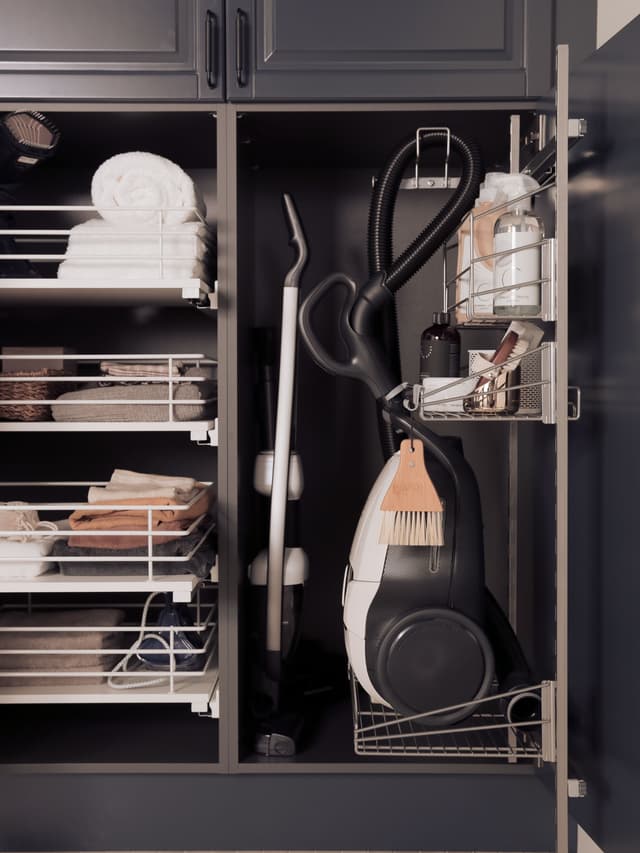 Open Epoq Heritage Blue Grey wardrobe showing storage system inside