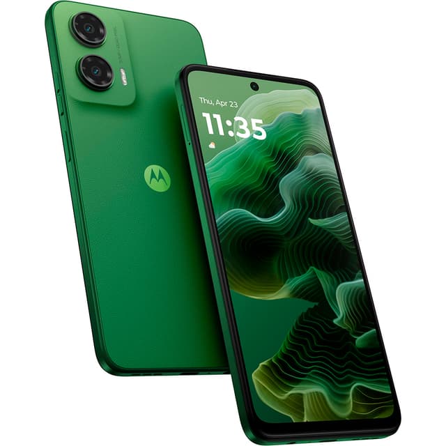 Billig mobiltelefon: Motorola G35 i farven grøn set både forfra og bagfra