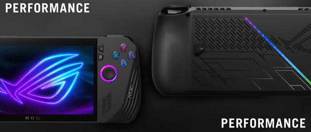 Asus ROG Ally X håndholdt gaming-PC med tekst ´Ytelse´
