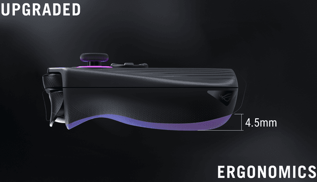 Asus ROG Ally X handhållen gaming laptop och text "Uppgraderad ergonomi"
